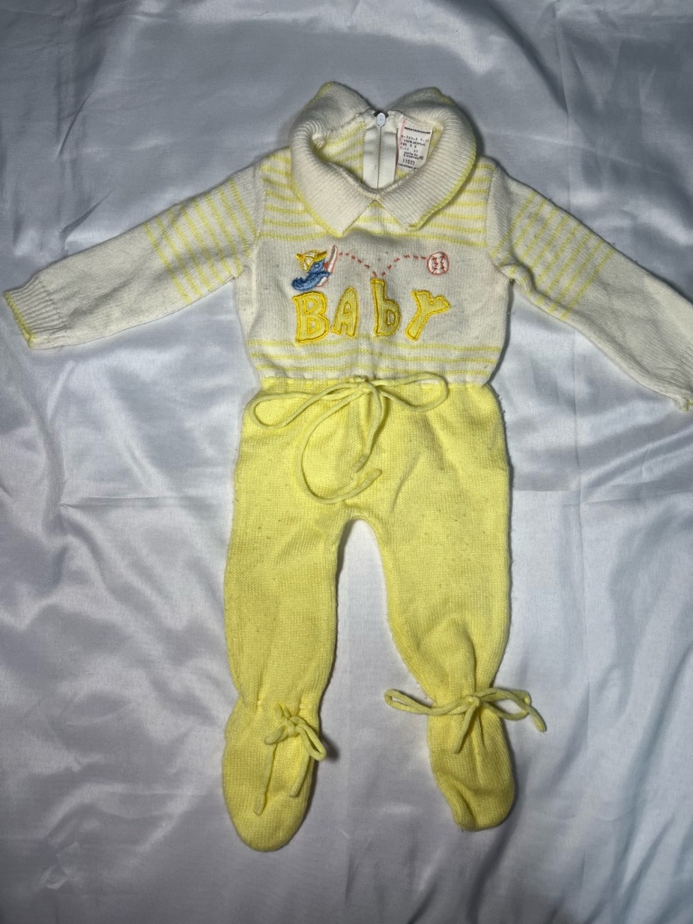 Vtg Yellow Duck Baby Sleeper NB-3M Baseball Knit Tie Unisex Zip Back